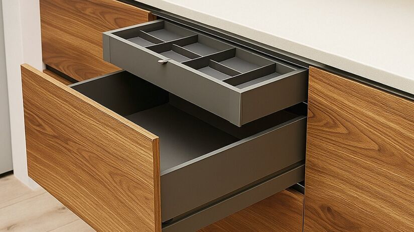 Outra tendência que conquista muitos decoradores e donas de casa é a gaveta dupla embutida (Foto: gerada com IA)