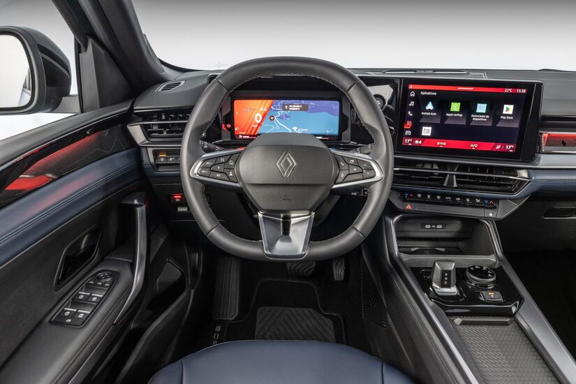 Cockpit do Boreal "top" de linha tem tela de instrumentos digital de 10 polegadas. Ao lado, tem outra tela de 10 polegadas, da central multimídia, formando um layout único. Foto: Rodolfo Bührer/Divulgação Renault