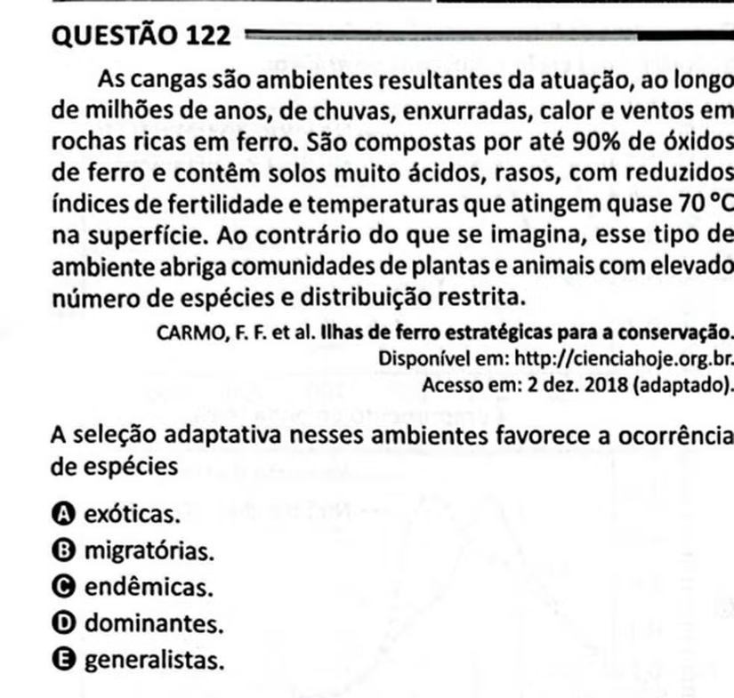 Questão 122 do Enem sobre espécies. Foto: Reprodução