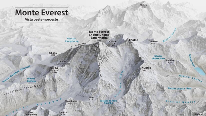 O choque entre a Índia e a Ásia elevou essas rochas oceânicas até formar o ponto mais alto do planeta (Foto: Tom Patterson/Wikimedia Commons)