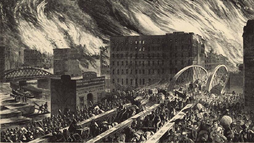 Pintura ilustrativa do grande incêndio de Chicago. Imagem: John R. Chapin/Domínio Público