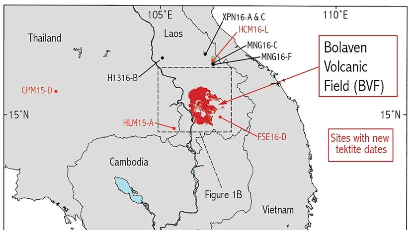 Mapa com o local estimado da queda do asteroide. Imagem: Sieh et al, Proceedings of the National Academy of Sciences 2023