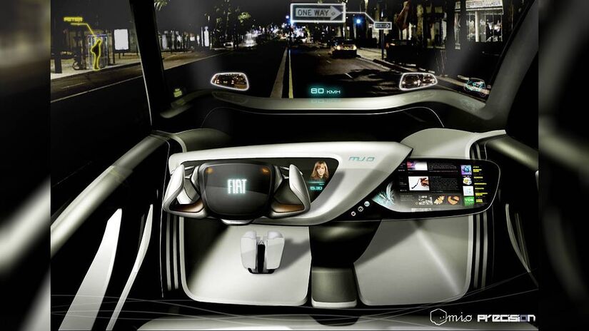 Interior do Fiat Mio reflete o mesmo espírito futurista do design externo, com painéis digitais, formas minimalistas e uso de materiais sustentáveis | Reprodução/Fiat