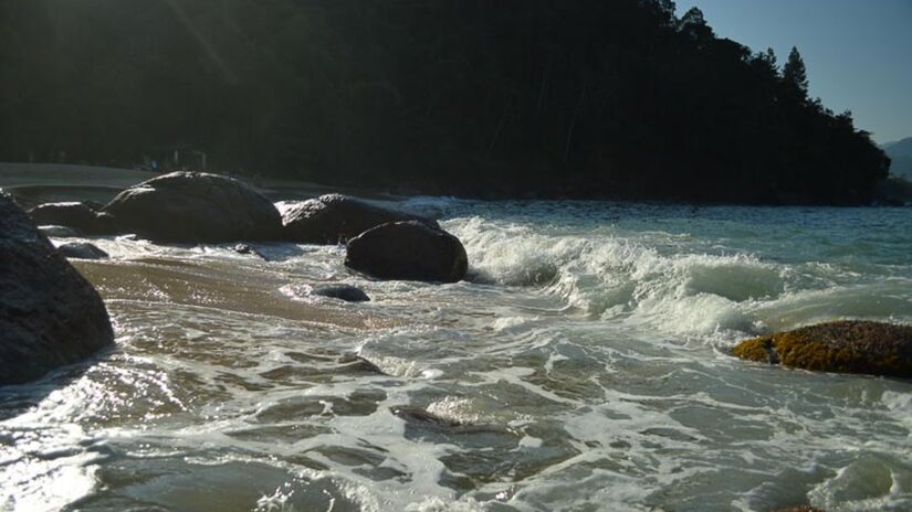 A praia é envolvida por uma vegetação exuberante que oferece sombra e cria um refúgio natural para quem busca aproveitar o dia em paz (Foto: Deyves Martins/Wikimedia Commons)