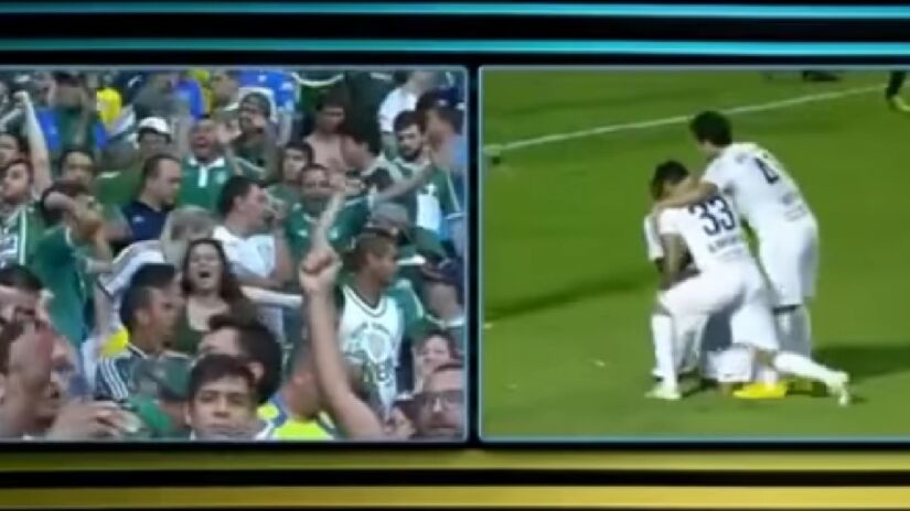 No Brasileirão de 2014, o Santos tinha em seu jogo a chance de causar o terceiro rebaixamento da história do Palmeiras, para isso, bastava perder para o Vitória, fora de casa. O Peixe, porém, não só não perdeu, como saiu vitorioso na partida, com gol de Thiago Ribeiro, salvando o rival - (Reprodução/TV Globo)

