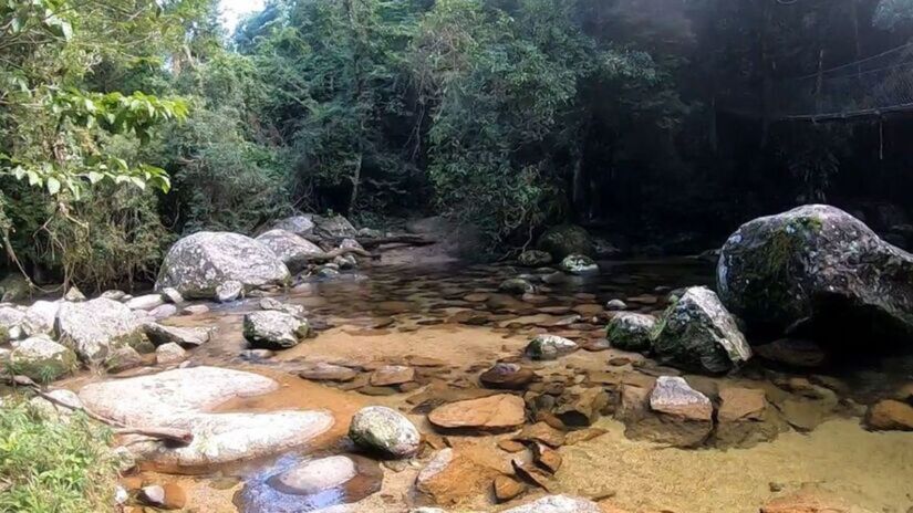 Apesar de contar com apenas algumas dezenas de metros de extensão, o Bonete oferece a sensação de um mundo à parte. Rodeada por montanhas e mata atlântica, a praia mantém uma atmosfera de silêncio e contemplação, ideal para quem busca tranquilidade. Fotos: Reprodução Youtube/Arquipélago Ilhabela