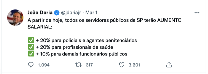 Anúncio de reajuste salarial feito por Doria no Twitter