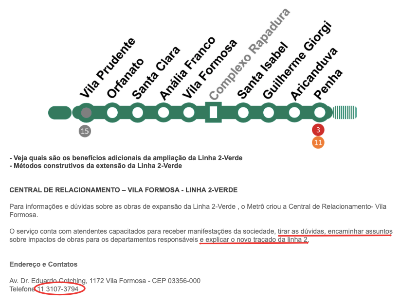 Telefone do Metrô de SP para informações sobre obras da Linha 2-Verde não funciona