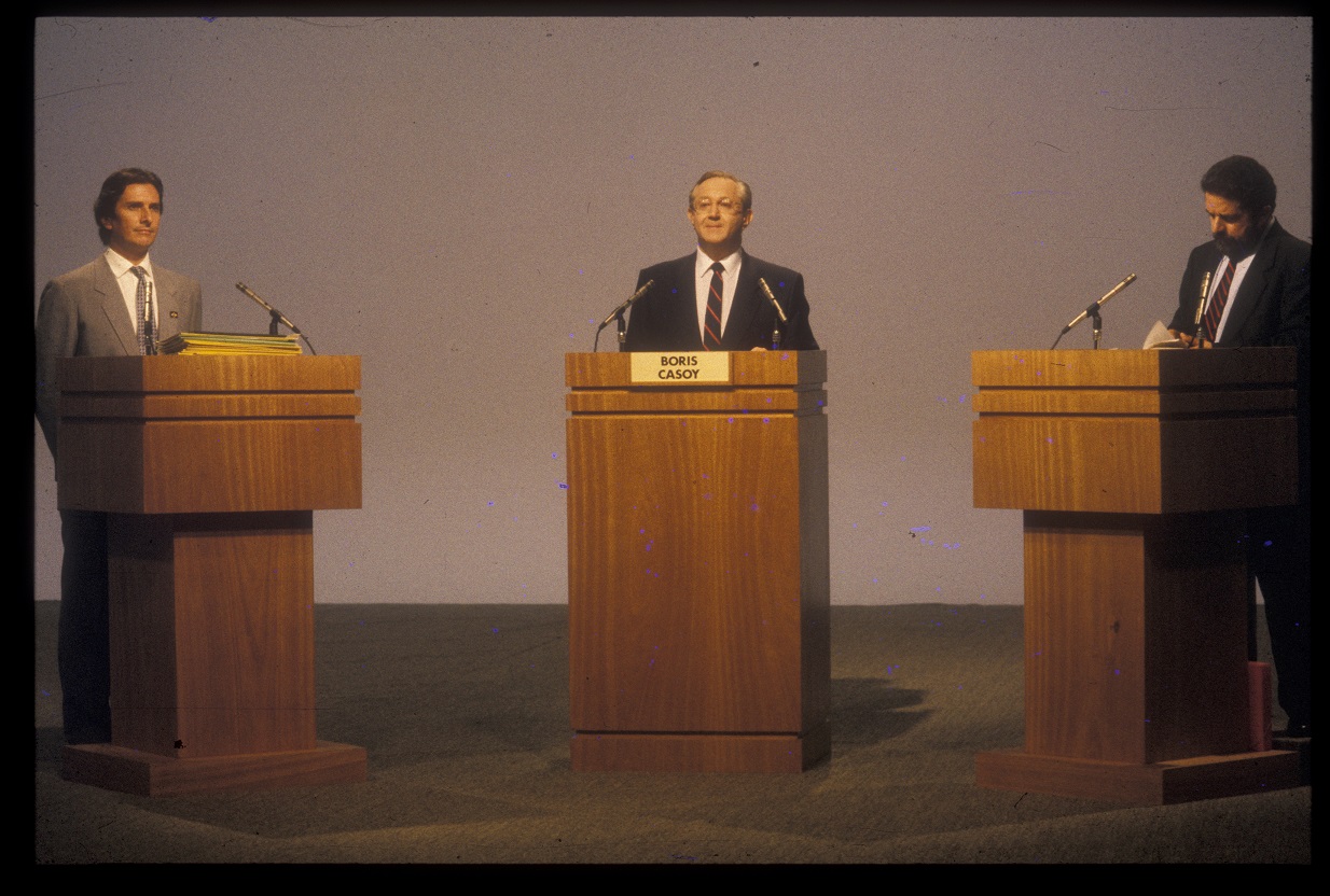 Collor e Lula em debate em 1989, sob mediação do jornalista Boris Casoy