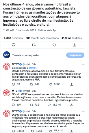 Comunicado do MTST no Twitter sobre bloqueios em rodovias