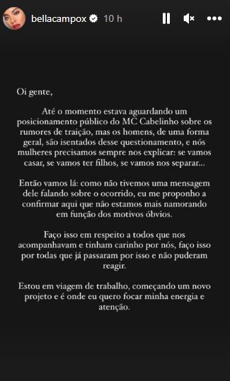 Bella Campos se pronunciou sobre término