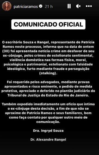 Comunicado dos advogados da apresentadora Patrícia Ramos 