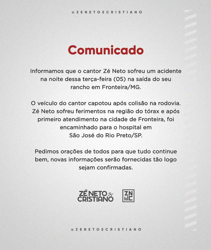 Comunicado da assessoria do Zé Neto