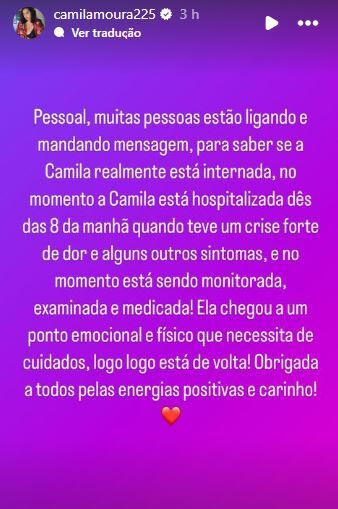 Comunicado no Instagram de Camila Moura