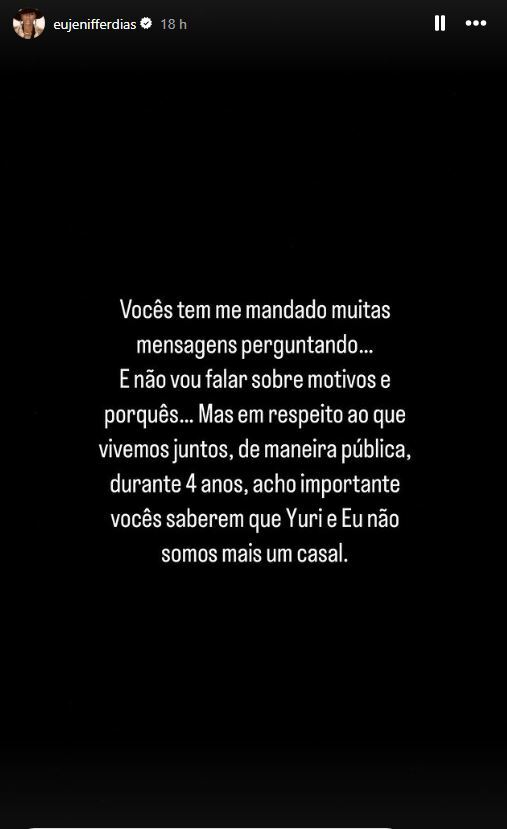 Jeniffer Dias anunciou o término em seu Instagram