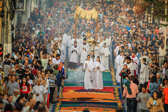 Confecção do tapete no dia de Corpus Christi em Santana de Parnaíba