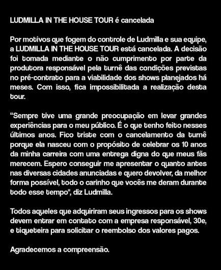 Comunicado do cancelamento da turnê de Ludmilla