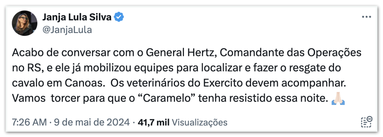 Declaração de Janja, via X (ex-twitter)