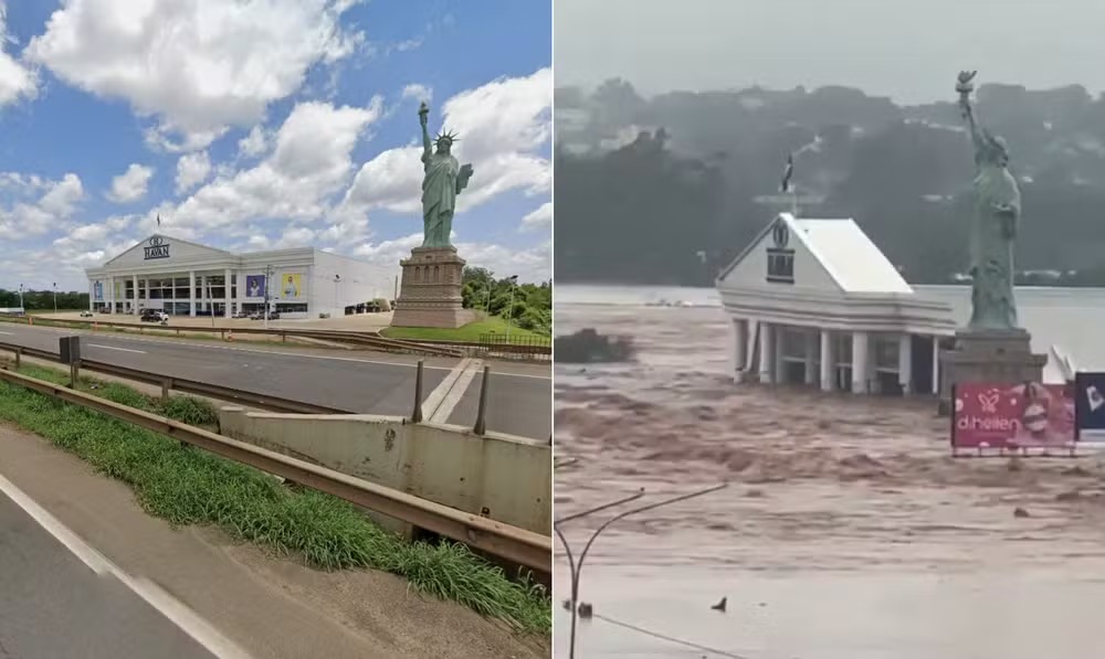 Loja da Havan, em Lajeado, antes e depois dos temporais no Rio Grande do Sul  Foto: Reprodução