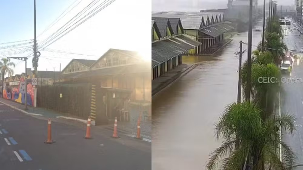 Em Porto Alegre, rio Guaíba transborda e águas invadem o Cais Mauá; veja antes e depois  Foto: Reprodução