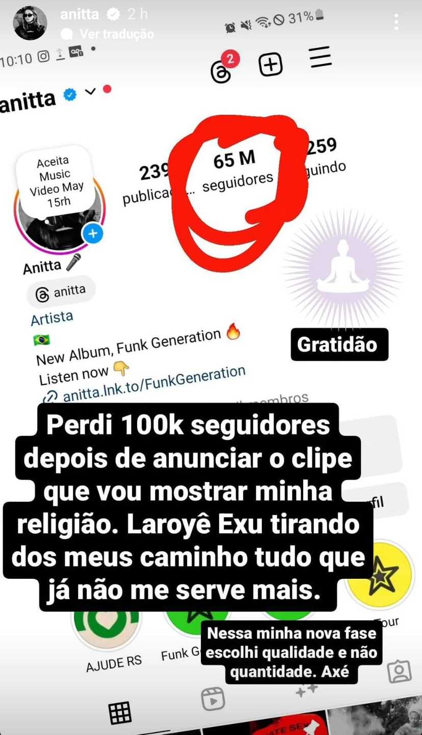 Anitta se manifestou em seu Instagram