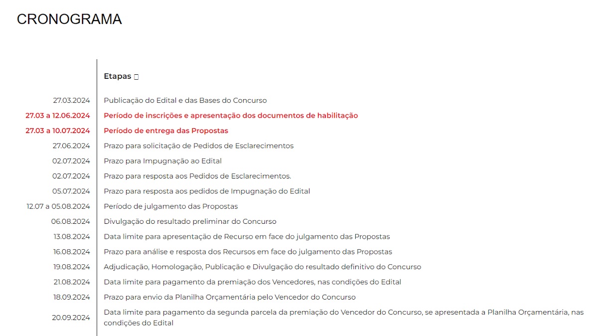 Cronograma para o Concurso Nacional de Arquitetura