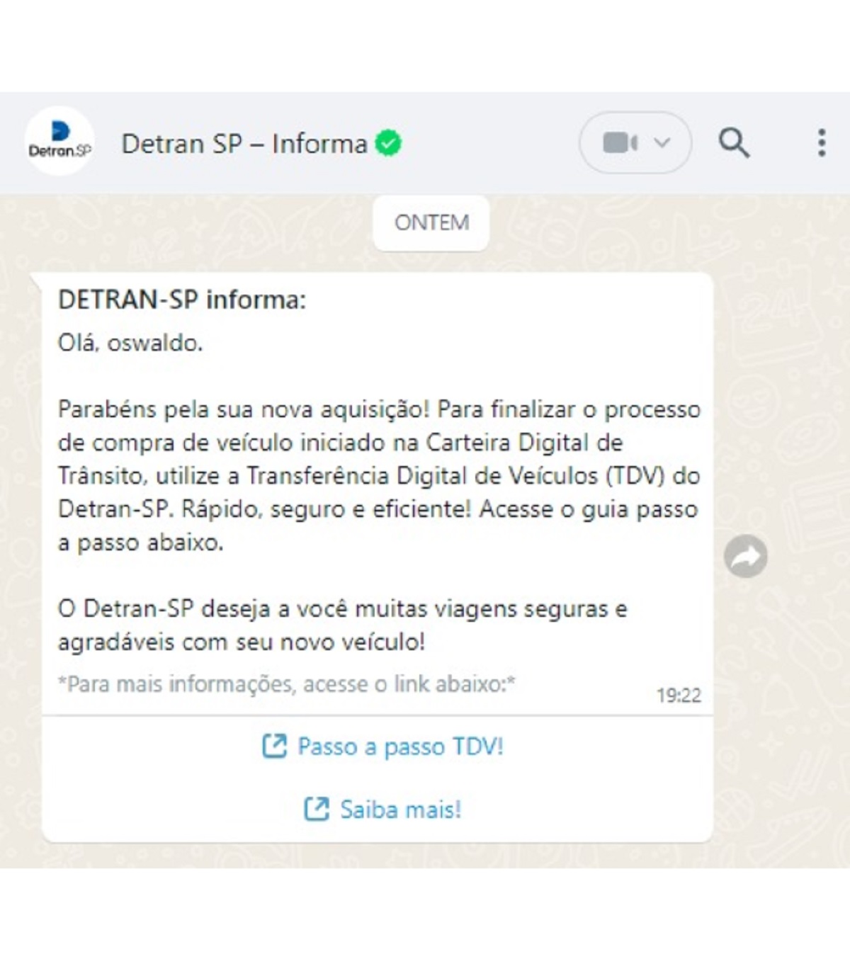 Mensagem recebida via Whatsapp do Detran-SP