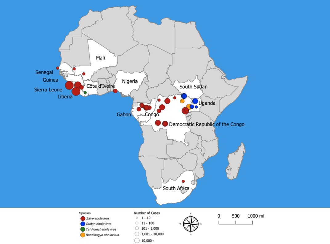 Distribuição da doença do vírus ebola na África desde 1976.