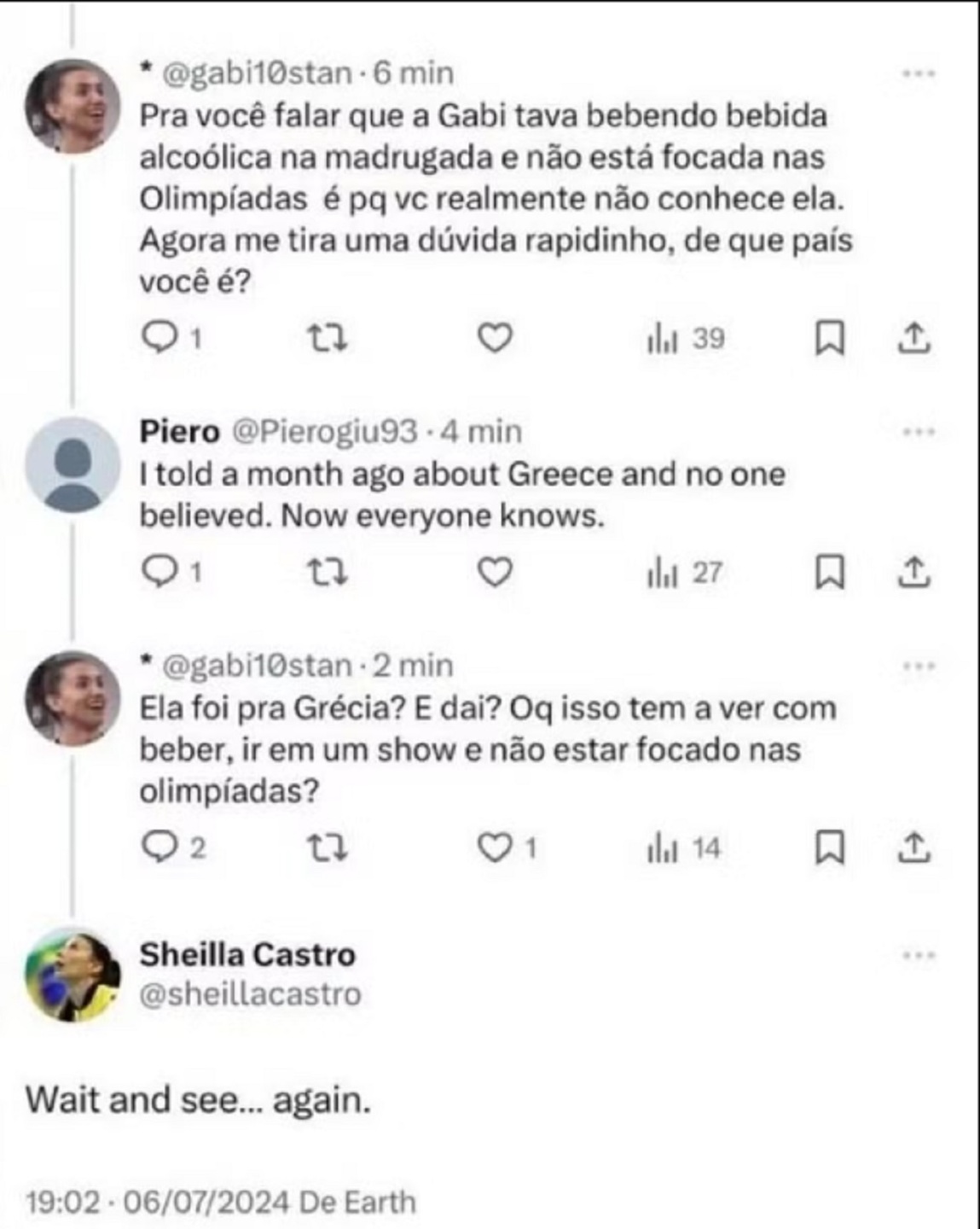 Troca de comentários entre o perfil falso e a conta de Sheilla