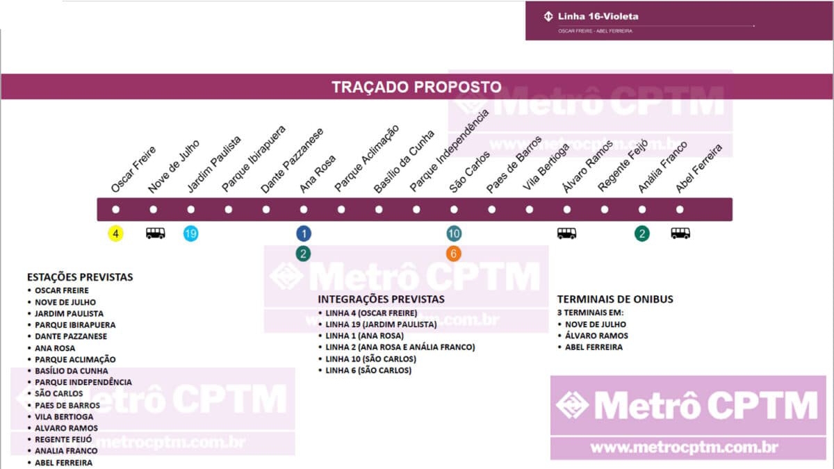 Nova linha 16-Violeta contará com 16 quilômetros e 16 estações