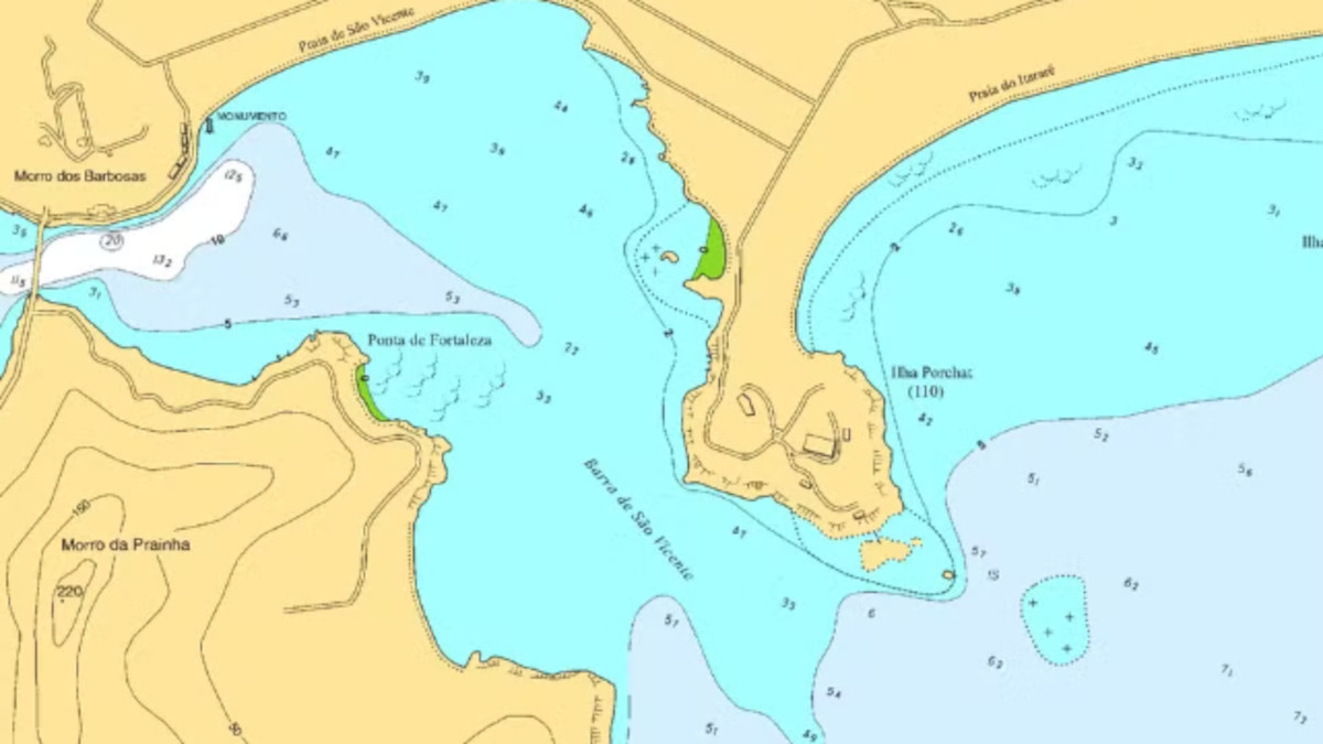 Mapa da área de São Vicente mostrando a 'garganta do diabo'