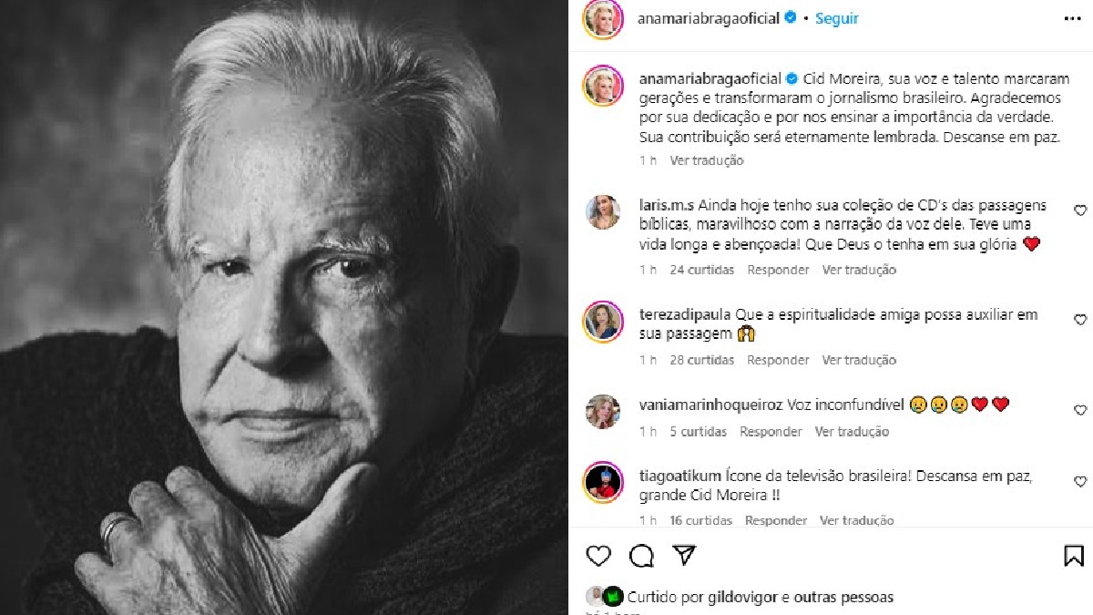 Ana Maria Braga lamenta morte de Cid Moreira em post do instagram/Reprodução/Instagram