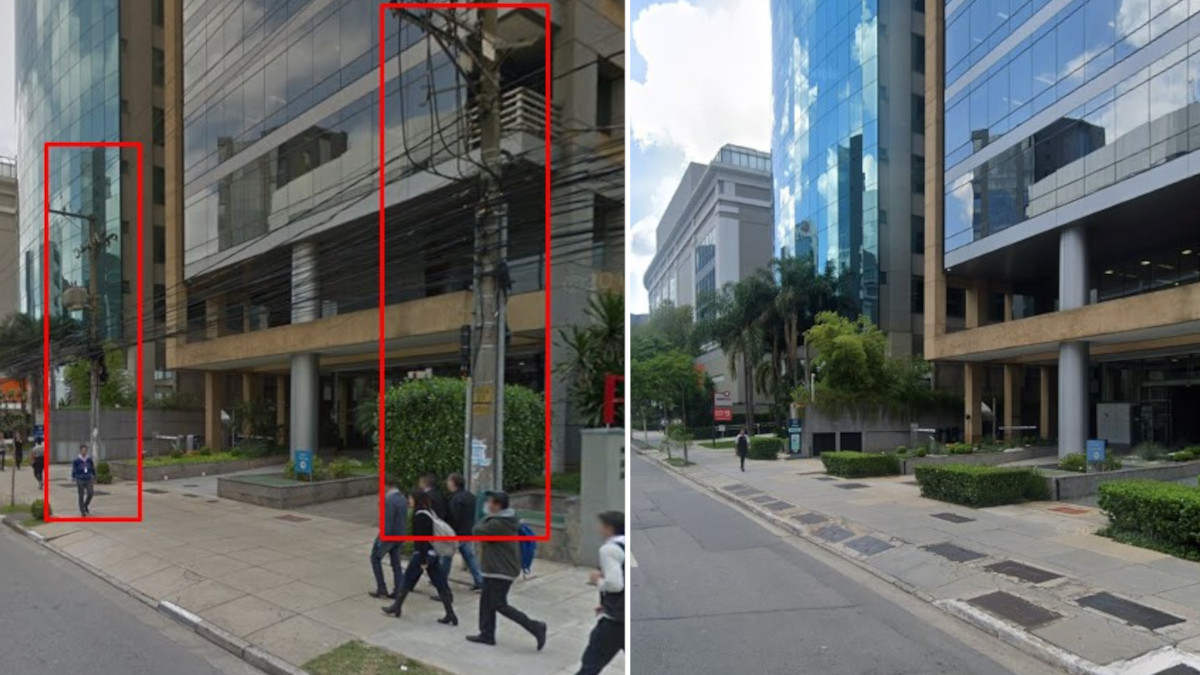 Antes e depois das obras de enterramento de fios na rua Olimíadas, no bairro Vila Olímpia, em São Paulo