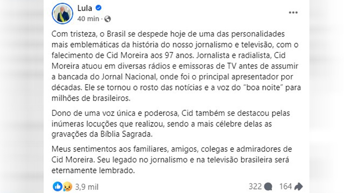 Cantor Sidney Magal lamenta morte de Cid Moreira em post do Facebook/Reprodução/Facebook