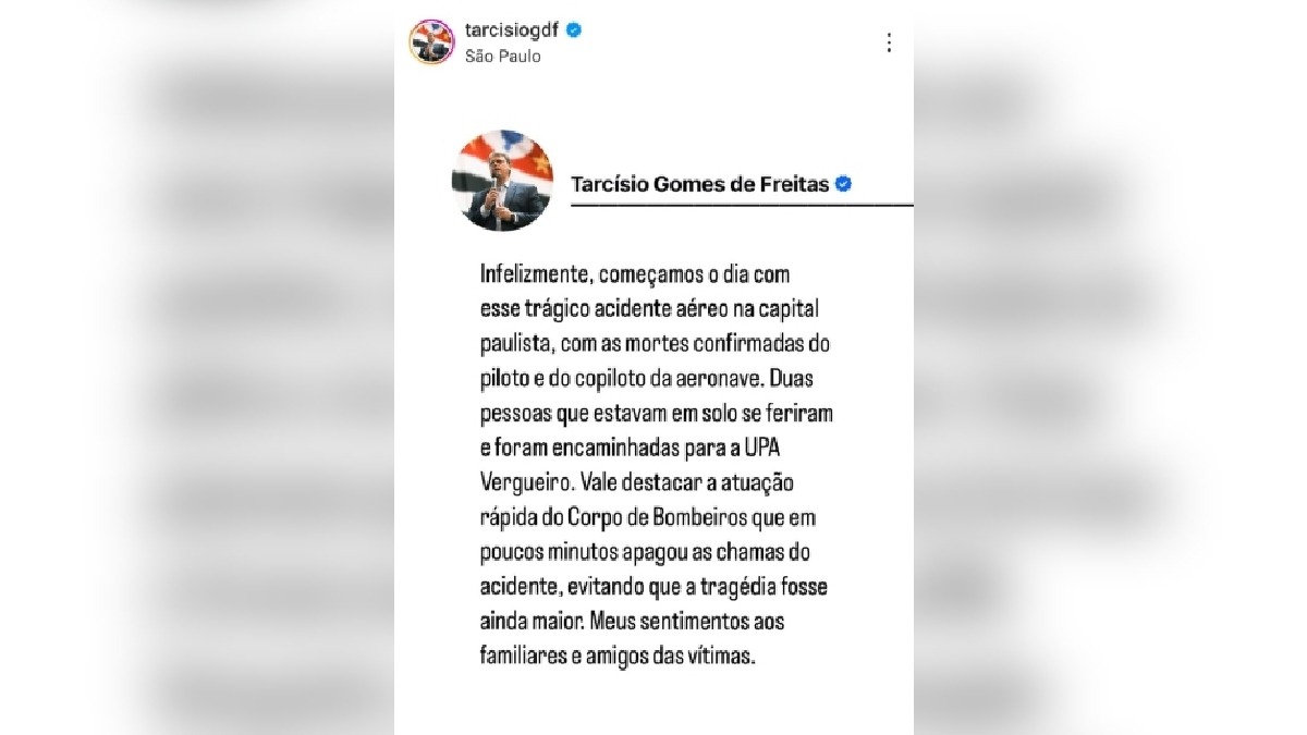 Tarcísio de Freitas publica nota de pesar em suas redes sociais