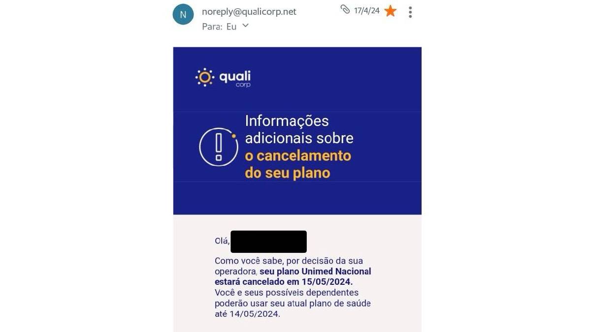 Aviso da Qualicorp para Maria Alice trinta dias antes do cancelamento