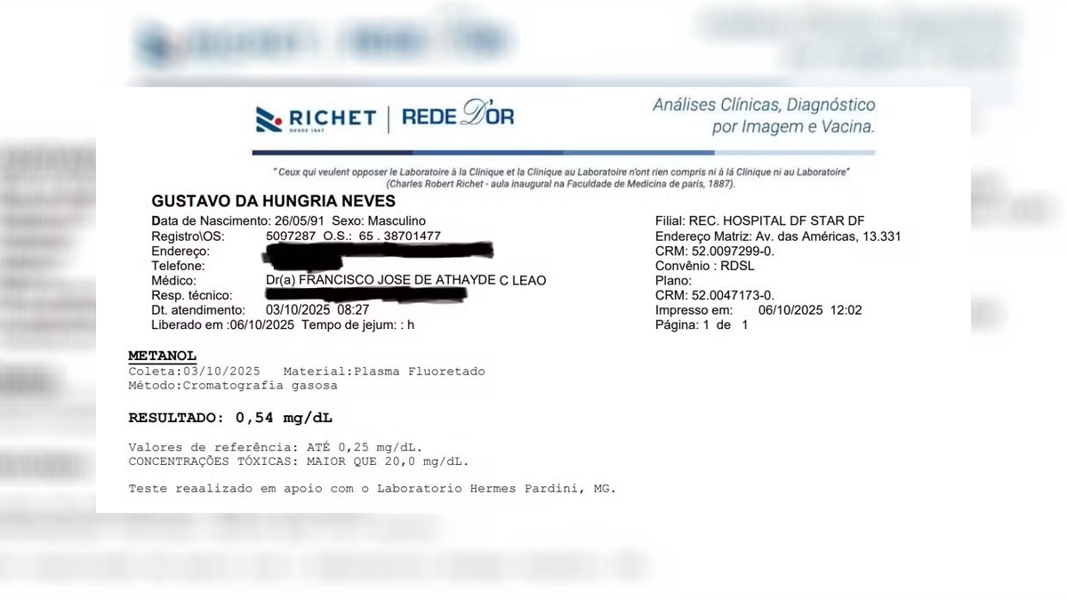 Laudo disponibilizado pela equipe do cantor aponta intoxicação por metanol