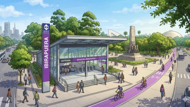 Imagem produzida por IA com uma estação de metrô da Linha 16-Violeta ao lado do Parque Ibirapuera