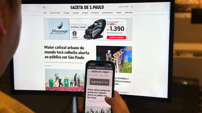 Novo site da Gazeta de S.Paulo sendo demonstrado em tela de computador e de celular