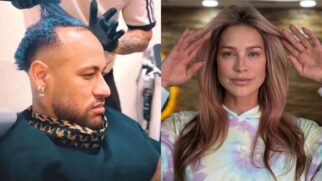 Neymar cortando o cabelo e Luana Piovani