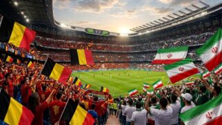 Bandeiras de Bélgica e Estados Undisoe torcedores em estádio por imagem gerada por IA