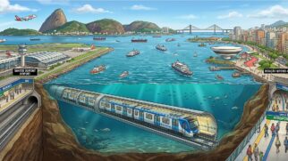 Ilustração feita por IA pela Gazeta de S.Paulo. Imagem mostra desenho provável do projeto do metrô subáquatico que ligará o Rio de Janeiro a Niterói