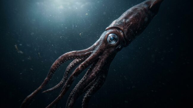 Na escuridão do fundo do mar, enxergar primeiro é a diferença entre a vida e a morte. Com olhos de 27 centímetros, a lula-gigante consegue prever a aproximação de predadores a mais de 120 metros de distância. Foto: Reprodução IA