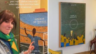 Montagem artista na direita com tela do jogo do Brasil x Haiti e na esquerda, a tela do Brasil x Marrocos