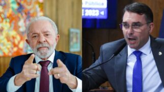 Montagem do presidente Lula à esquerda e do senador Flávio Bolsonaro à direita