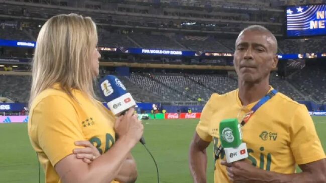 Fernanda Gentil e Romário comentando o pós jogo do Brasil na estreia da Copa do Mundo 2026 contra o Marrocos