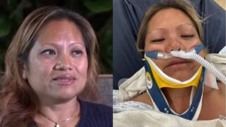 Mulher, após ser resgatada, se recuperando em casa, e, ao lado direito, ela, após o acidente, respirando por aparelhos.