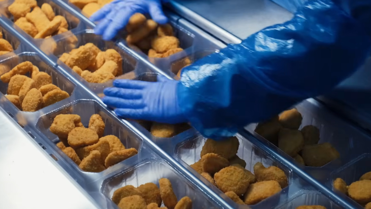O formato padronizado dos nuggets ajuda a garantir cozimento homogêneo e aparência consistente (Reprodução: YouTube)