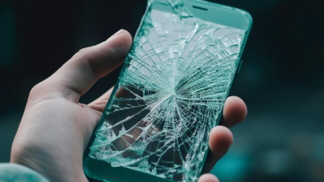Mão segurando um celular com tela quebrada