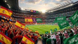 Imagem gerada por IA para ilustrar o jogo entre Espanha e Arábia Saudita, válida pela segunda rodada da fase de Grupos da Copa do Mundo 2026